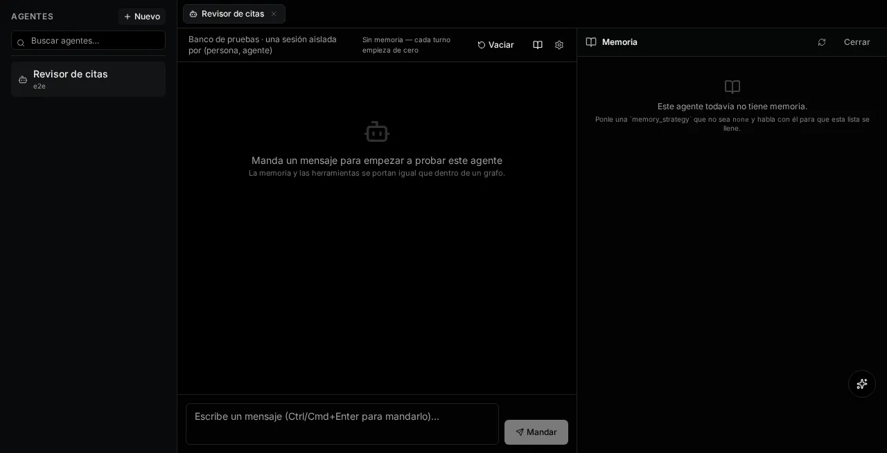 The agent playground: sidebar on the left, an open agent tab in the middle, the memory inspector on the right