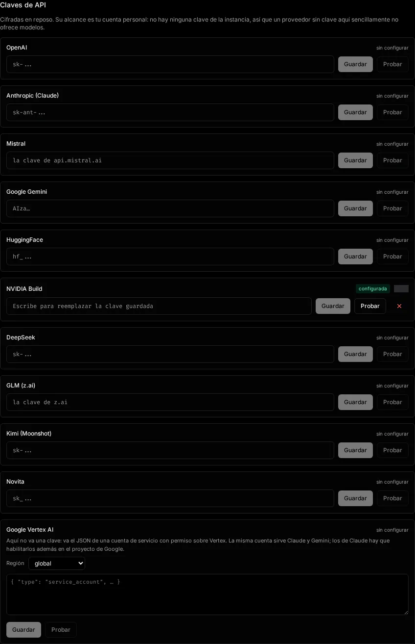 The API keys section of Settings, one row per provider with its key field