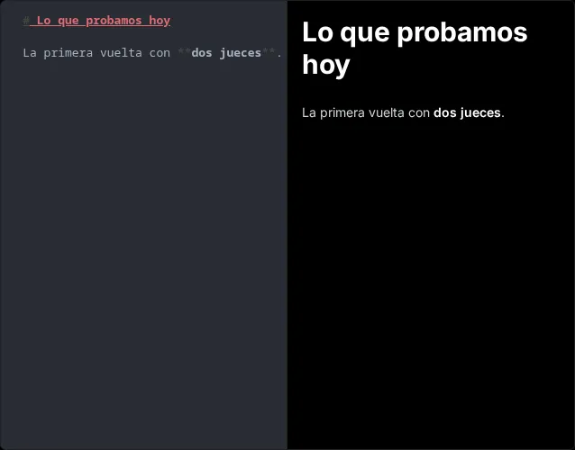 Split view: markdown source on the left, rendered output on the right